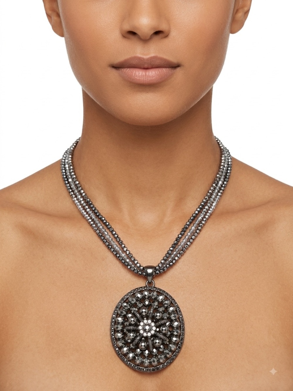 Chicos Multistrand Hematite Crystal Pendant Necklace - Gunmetal